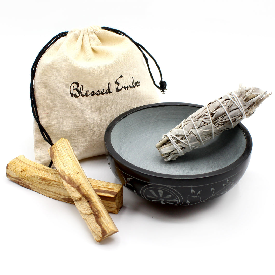 Carved Soapstone Bowl with White Sage and Palo Santo