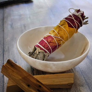 White Calcite Crystal Bowl with Palo Santo and Rose Petal Garden Sage