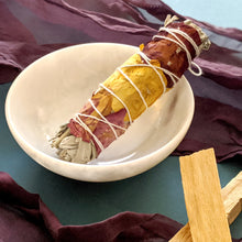 Load image into Gallery viewer, White Calcite Crystal Bowl with Palo Santo and Rose Petal Garden Sage
