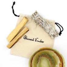 Load image into Gallery viewer, Green Calcite Crystal Bowl with Palo Santo and Garden Sage Bundle
