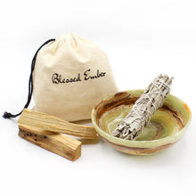 Load image into Gallery viewer, Green Calcite Crystal Bowl with Palo Santo and Garden Sage Bundle
